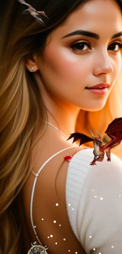 Fantasy scene with a girl and dragons on her shoulder.