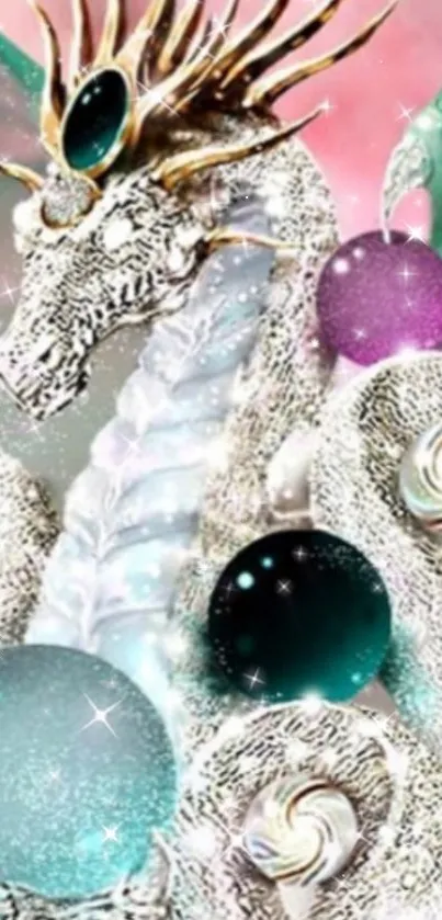 Fantasy dragon with sparkling orbs and pastel hues wallpaper.