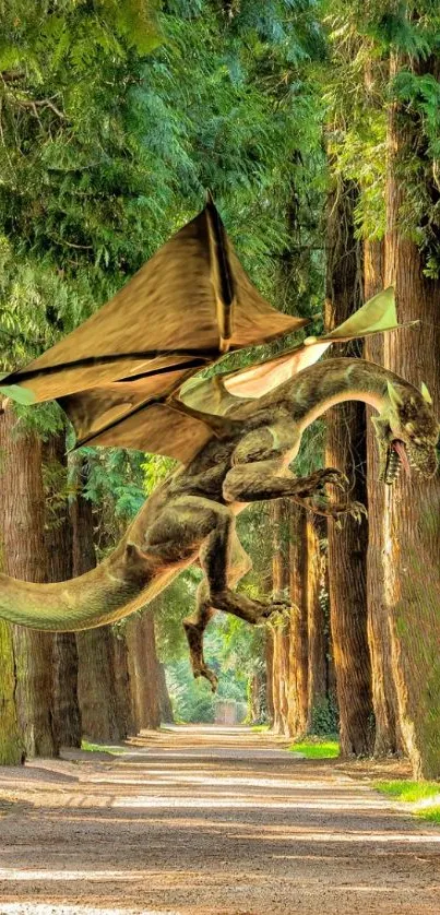 Majestic dragon soaring in a lush forest path, creating a fantasy adventure scene.