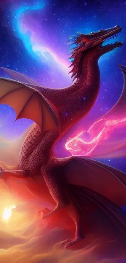 Majestic dragon flying in a vibrant cosmic night sky.