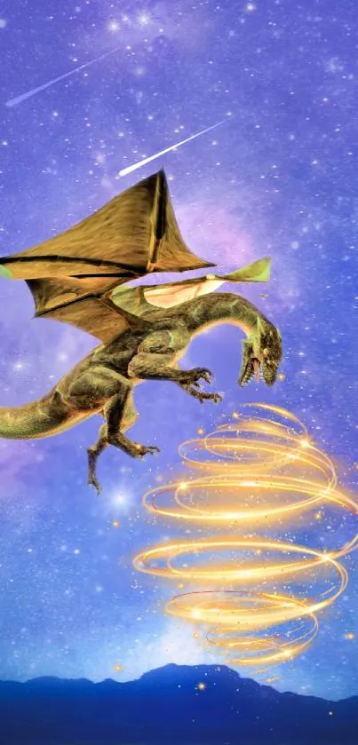 Dragon flying in a starry night sky with golden spiral lights.