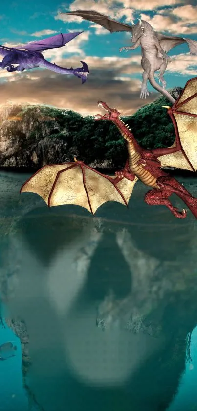 Dragons flying over a fantasy island scene.