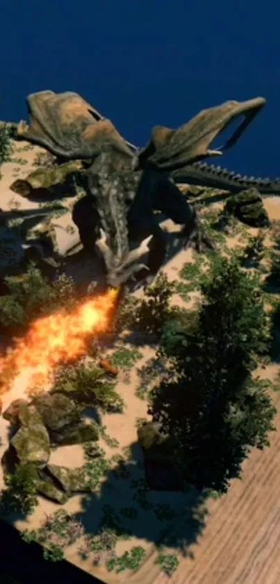 Majestic dragon breathing fire on island with trees and blue background.