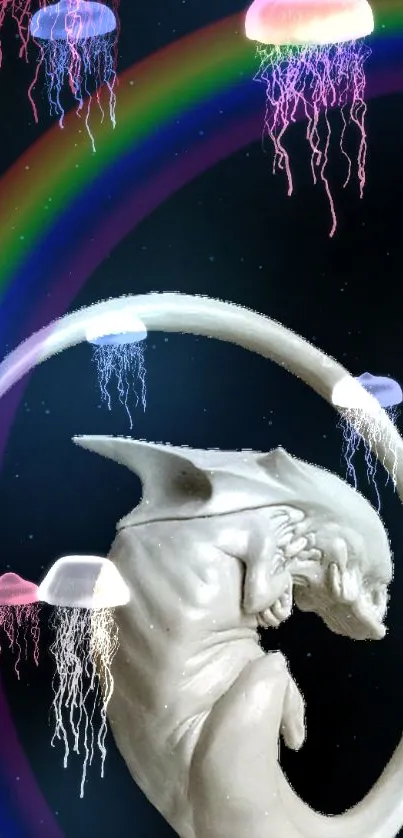 Fantasy dragon with jellyfish and rainbows in a surreal scene.
