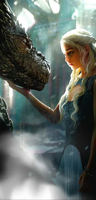 Fantasy scene with woman and dragon in mystical light.