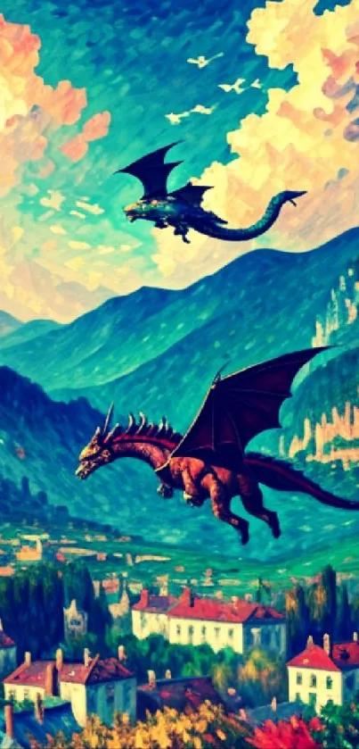 Majestic dragons soaring over scenic mountain landscape.