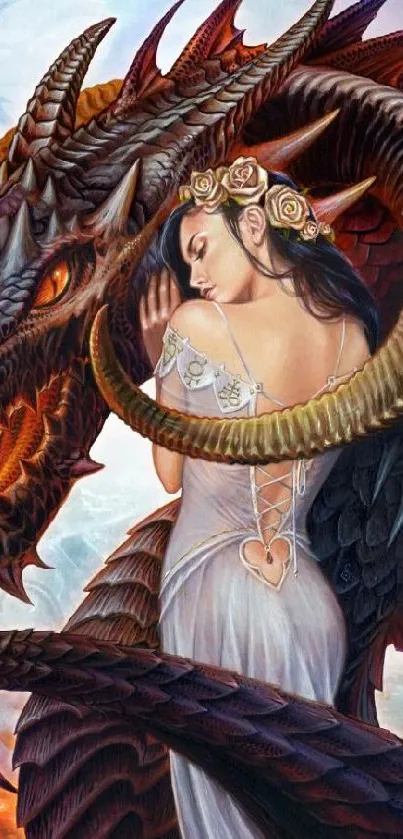 Fantasy dragon and maiden in vibrant artwork for mobile wallpaper.