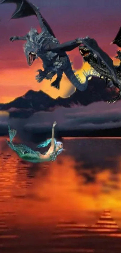 Dragons flying over a sunset lake with a mermaid below in vibrant fantasy art.