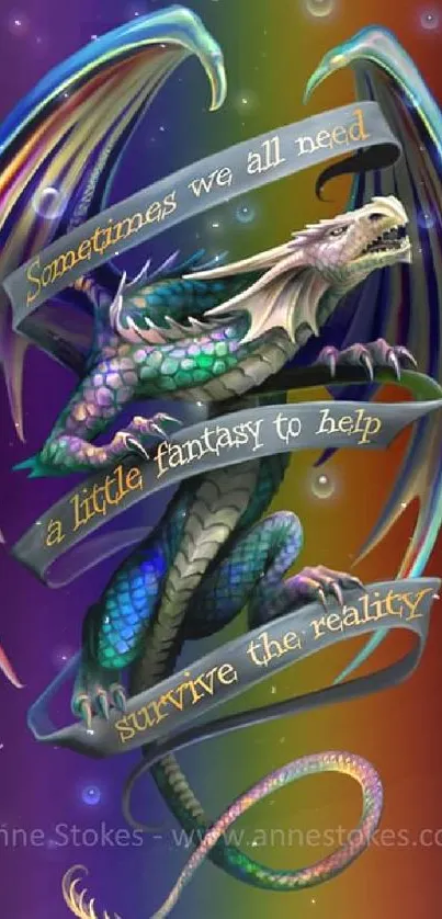 Fantasy dragon wallpaper with motivational quote and vibrant colors.