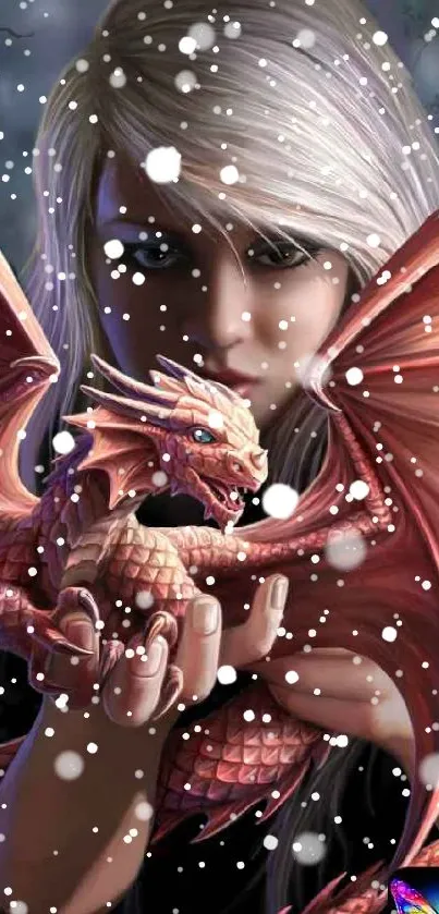 Fantasy scene with a person holding a small red dragon in a mystical setting.