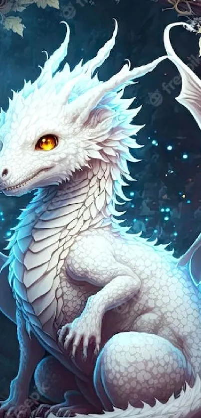 Fantasy white dragon with wings in a magic circle wallpaper.