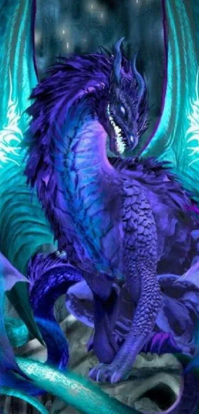 Purple and teal dragon fantasy wallpaper on phone.