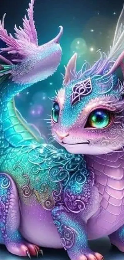 Mystical purple and teal dragon with intricate design on mobile wallpaper.