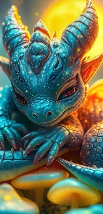 Vibrant blue dragon on mystical background.