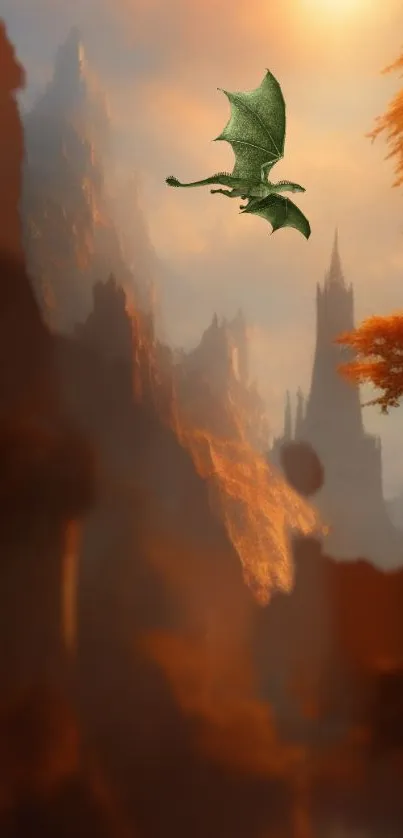 Green dragon flying over a fantasy mountain landscape with orange hues.