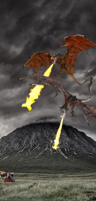 Dragon soaring over mountain with fire.