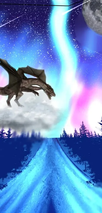 Dragon flying under aurora sky with moon and forest.