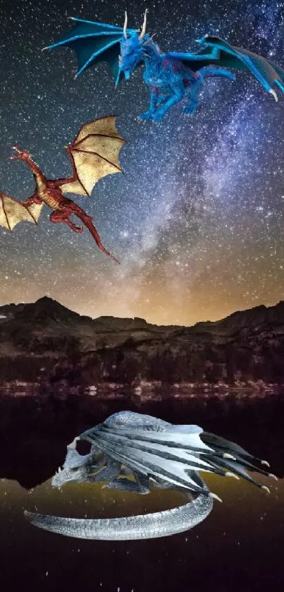 Fantasy dragons soar in the night sky over a tranquil landscape.