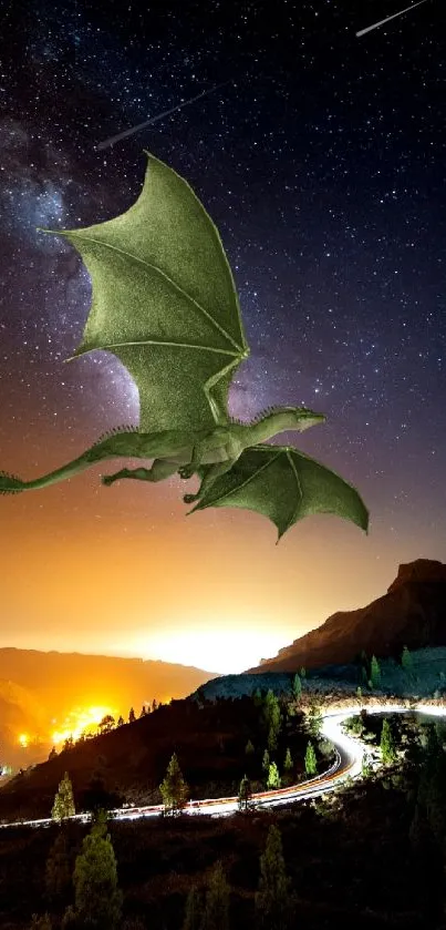 Green dragon flying in a starry night sky with a glowing landscape below.