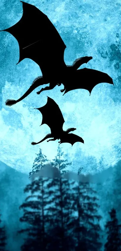 Silhouetted dragons flying against a glowing full moon in a fantasy night sky.