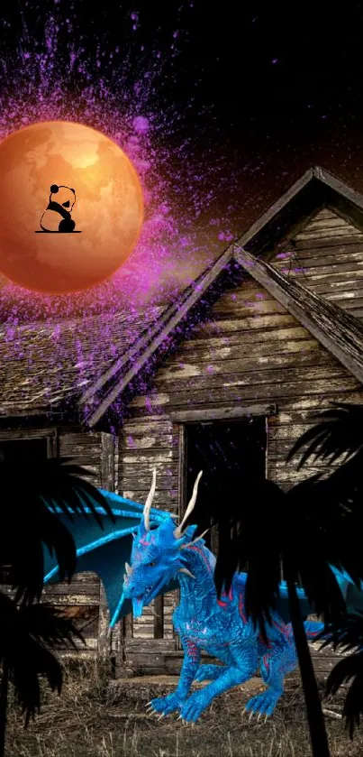 Blue dragon below a red moon beside rustic huts in a fantasy night setting.