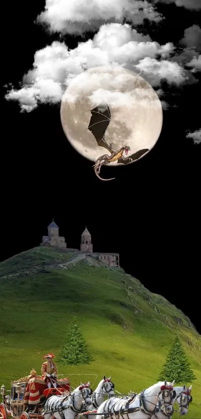 Dragon flying under the moonlit sky with castle and carriage below.