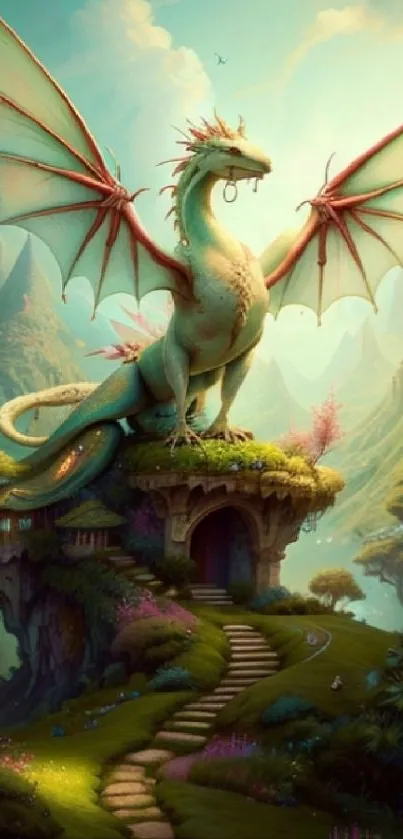 A majestic fantasy dragon atop a mystical mountain landscape.