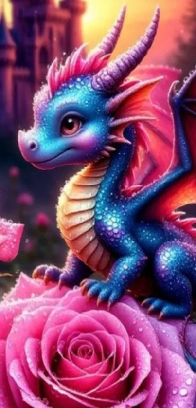 Whimsical dragon on roses with castle backdrop.