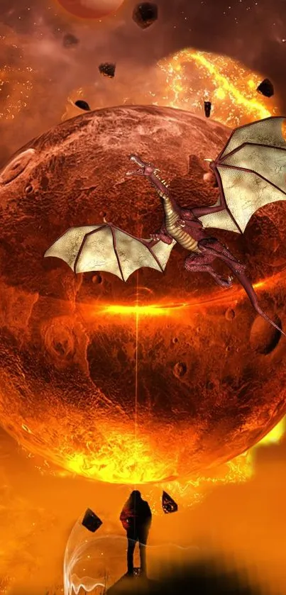 Dragon flying over fiery planet in a captivating fantasy scene.