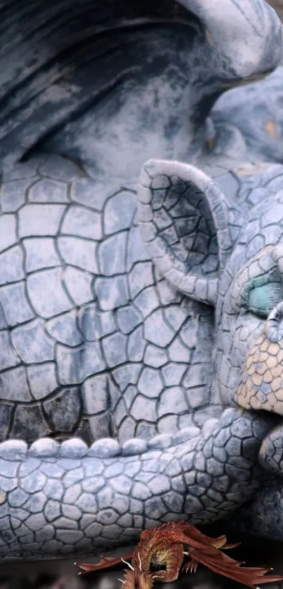 A gray stone dragon sculpture with intricate textures and fantasy elements.