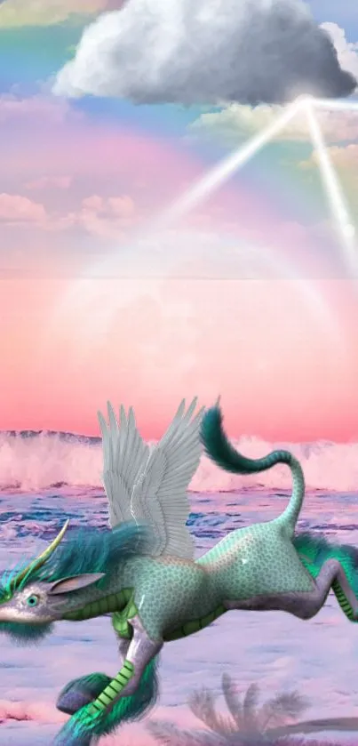 Whimsical dragon flying in a pastel sky with serene clouds.