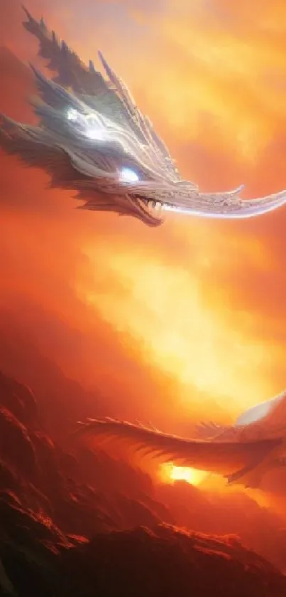 Fantasy dragon flying through an orange sky at sunset.