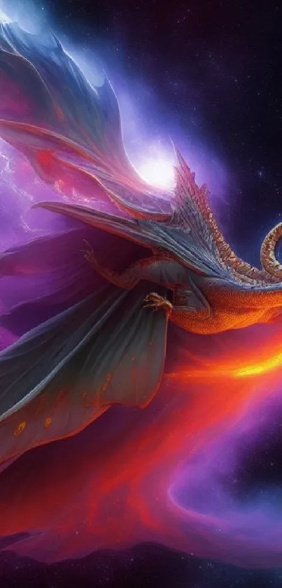 Vivid fantasy dragon in cosmic space art on a purple background.