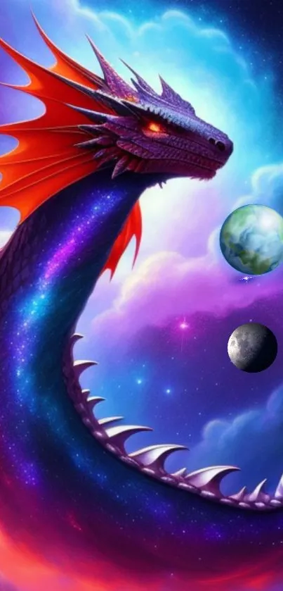 Majestic dragon in cosmic galaxy, vibrant purple hues and planets in background.