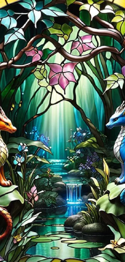 Stained glass art with orange and blue dragons in a fantasy forest.