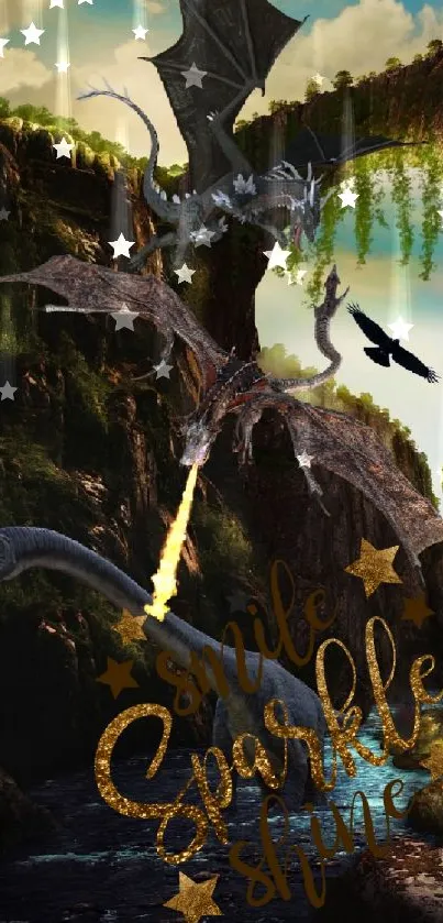 Fantasy dragons with 'Smile, Sparkle, Shine' text on scenic background.