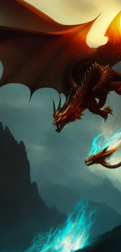 Majestic dragon flying with blue flames over mountainous terrain.