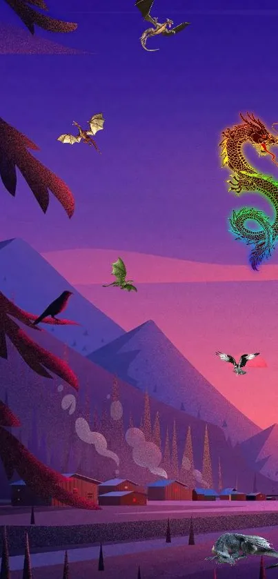 Colorful dragon flying over a vibrant, mystical landscape at dusk.