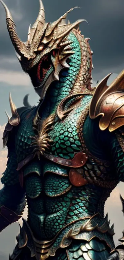 Fantasy dragon warrior in teal and copper armor, set against a dramatic sky.