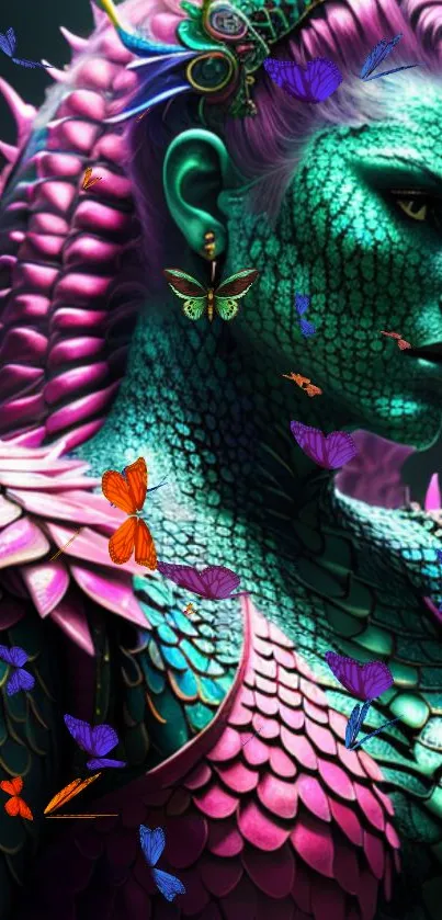 Vibrant artwork of a dragon warrior with butterflies and colorful scales.