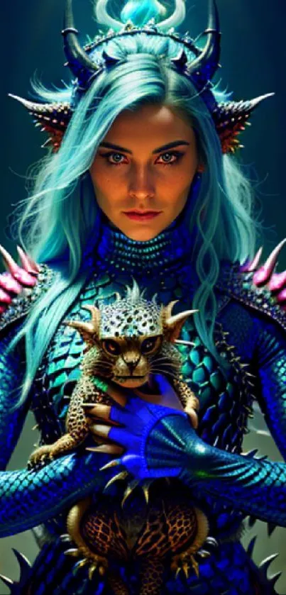 Fantasy warrior with dragon-like creature and blue hair in vibrant design.