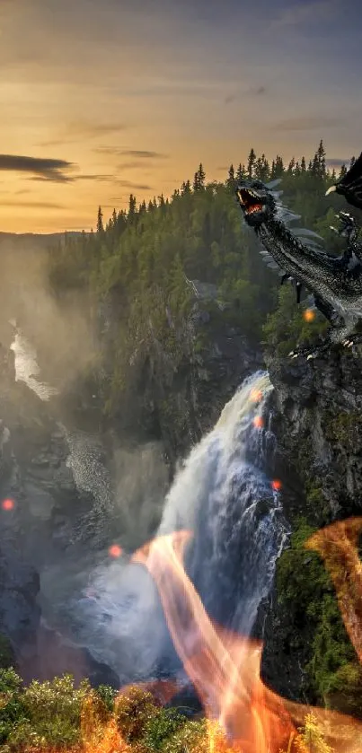 Majestic dragon at sunset waterfall in lush fantasy landscape.