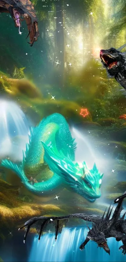 Fantasy dragons by a glowing waterfall in a lush forest.
