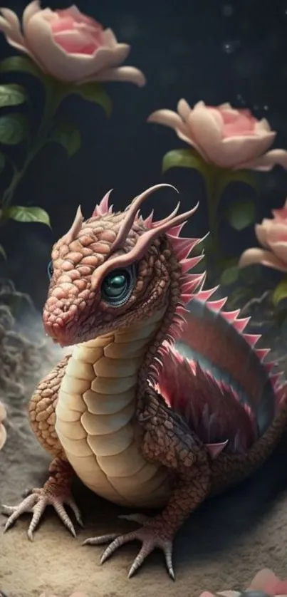 Realistic dragon surrounded by roses in a fantasy-themed mobile wallpaper.