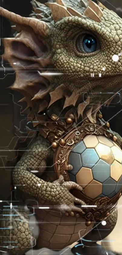 Cute dragon holding a hexagonal tech-inspired ball on a fantasy wallpaper.