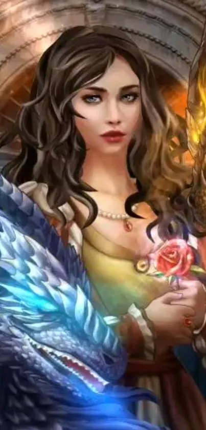 Mystical woman with dragons in vibrant fantasy art wallpaper.