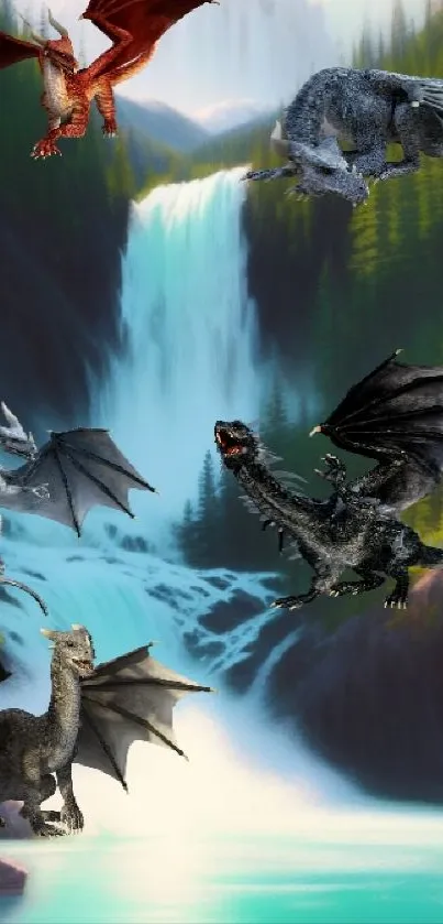 Fantasy wallpaper with dragons and waterfall in a lush forest setting.