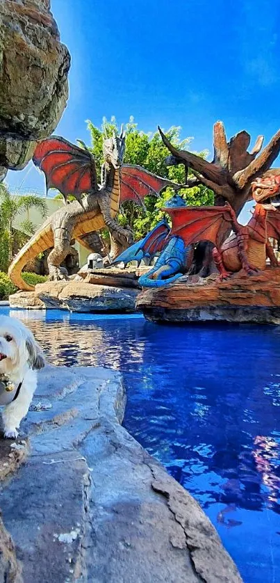 Fantasy dragon statues near a blue pool with a dog on the rocks.