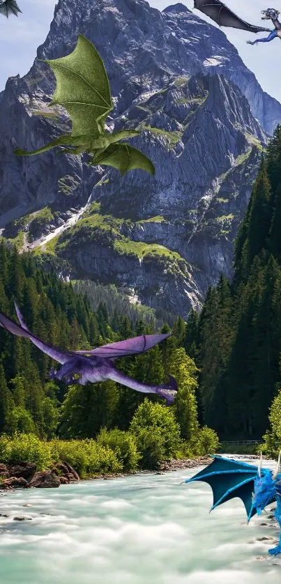 Dragons flying over a mountain and forest landscape.