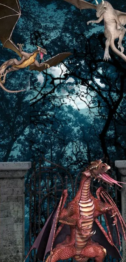 Three dragons in a mystical, moonlit forest scene.